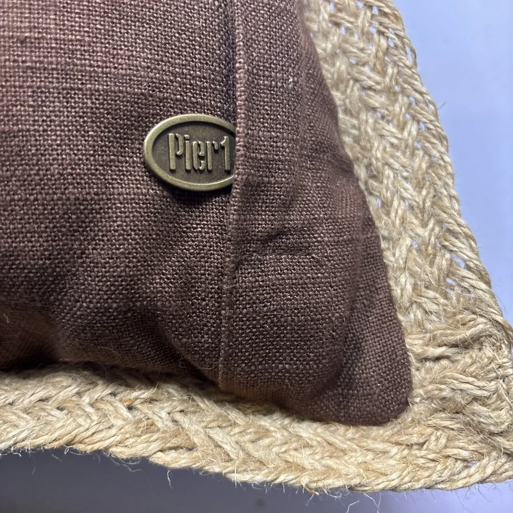 Vtg Pair Of Pier 1 100% Cotton (2) Large Pillows Green Brown W/ Jute Trim 21x21